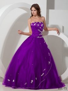 Graceful Purple Quinceanera Dresses with Beadings and White Appliques on Sale