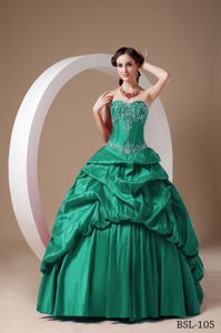 Teal Sweetheart Sweet 16 Quince Dresses in Taffeta with Appliques and Pick-ups