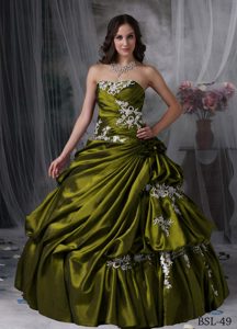 Strapless Floor-length Taffeta Sweet 16 Dress in Olive Green with White Appliques