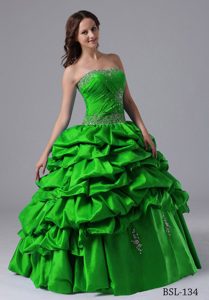Appliqued and Ruched Taffeta Sweet Sixteen Dress with Pick-ups in Spring Green