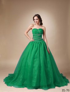 Ruched and Beaded Quinceanera Gown with Heart Shaped Neckline in Green Color