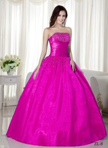 Strapless Fuchsia Dresses for Quinceanera with Beads and Lace Up Back in Taffeta
