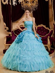 Aqua Blue Ruffle Layers Strapless Organza Ball Gown Sweet 16 Dresses