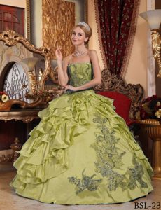Olive Green Ruffles Taffeta Strapless Floor-length Quinceanera Dress