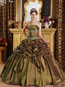 Trendy Strapless Quince Dress in Olive Green with Pick-ups and Appliques