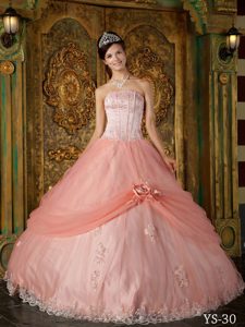 Orange Red Strapless Sweet Sixteen Dresses with Embroidery and Flower