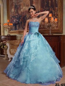 Aqua Blue Strapless Quinceanera Gown Dresses with Appliques for Spring