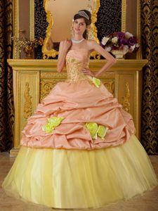 Pink and Yellow Strapless Sweet Sixteen Dress with Appliques and Flowers
