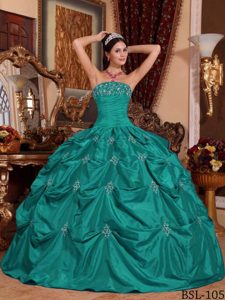 Turquoise Strapless Dresses for Quinceanera with Appliques and Pick-ups