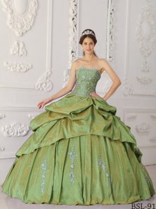 Strapless Olive Green Sweet Sixteen Dress with Embroidery and Pick-ups
