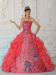 Exquisite Watermelon Strapless Quince Dress with Embroidery and Ruffles