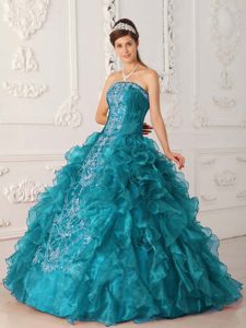 Modest Turquoise Strapless Quinceanera Dress with Appliques and Ruffles