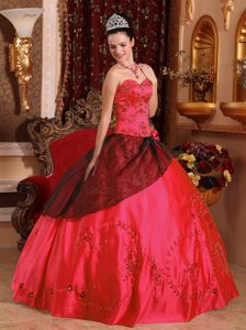 Coral Red Sweetheart Floor-length Dress for Quinceanera with Embroidery