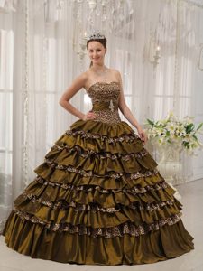 Cheap Brown Sweetheart Floor-length Dresses for Quinceanera in Leopard