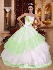 Lovely Light Green and White Strapless Dresses for Quince with Appliques