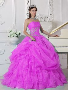 Appliqued Hot Pink Strapless Dress for Quince with Ruffles in Low Price