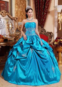 Aqua Blue Strapless Dresses for Quinceanera with Pick-ups and Appliques