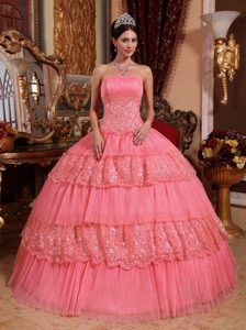 Watermelon Strapless Appliqued Quinceanera Dresses in Organza and Lace