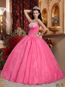 Pretty Watermelon Strapless Sweet 16 Dresses with Appliques in Organza
