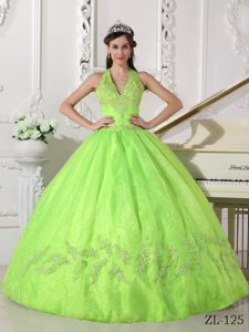 Appliqued Halter Taffeta and Organza Quinceanera Gowns in Yellow Green