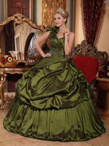 Olive Green One Shoulder Beaded Quinceanera formal Dresses in Taffeta