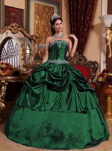 Beaded Strapless Taffeta Quinceanera Dress with Pick Ups in Dark Green
