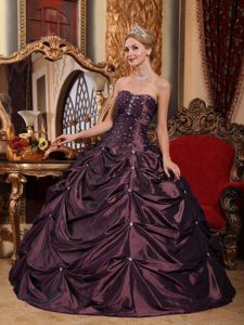 Dark Purple Strapless Beaded Dress for Quince with Pick Ups in Taffeta