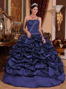 Beaded One Shoulder Taffeta Dress for Quince with Pick Ups in Navy Blue