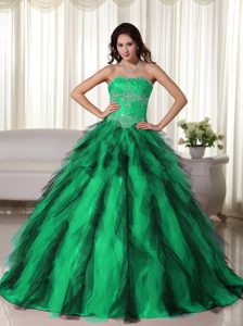 2013 Green Strapless Taffeta Appliqued Quinceanera Gowns with Beading