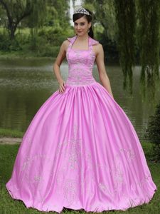 New Arrival Rose Pink Square Appliqued Quinceanera Dress Made in Satin
