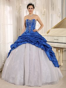 Luxurious Embroidery Quinceanera Dress with Pick-ups in White and Blue