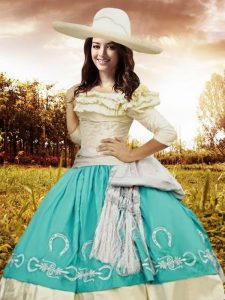 Off the Shoulder Half Sleeves Taffeta Floor Length Lace Up Vestidos de Quinceanera in Multi-color with Embroidery and Ruffled Layers and Bowknot