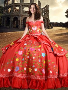 Off the Shoulder Floor Length Red Quinceanera Dress Taffeta Sleeveless Embroidery and Bowknot