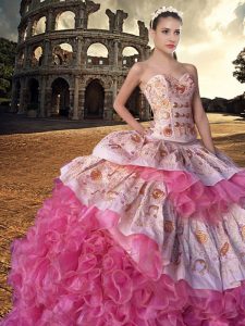 Exceptional Sweetheart Sleeveless Organza Sweet 16 Dress Embroidery and Ruffles Court Train Lace Up