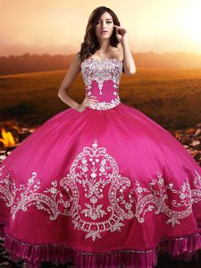 Taffeta Sweetheart Sleeveless Lace Up Beading and Embroidery Quinceanera Gown in Hot Pink