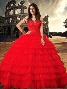 Red Ball Gowns Off The Shoulder Sleeveless Tulle With Train Chapel Train Lace Up Beading and Ruffled Layers Quinceanera Dress