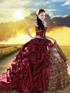 Pick Ups Ruffled Burgundy Sleeveless Taffeta and Lace Court Train Lace Up Sweet 16 Dress for Military Ball and Sweet 16 and Quinceanera