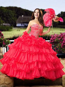 Custom Designed Ruffled Floor Length Ball Gowns Sleeveless Coral Red Ball Gown Prom Dress Lace Up