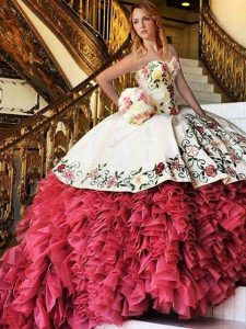 White and Red Organza and Taffeta Lace Up Sweetheart Sleeveless With Train Vestidos de Quinceanera Brush Train Embroidery and Ruffles