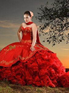 Brush Train Ball Gowns Vestidos de Quinceanera Red Sweetheart Organza and Taffeta Sleeveless With Train Lace Up