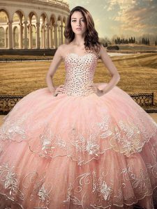 Peach Sweetheart Neckline Beading and Embroidery Quinceanera Dresses Sleeveless Lace Up