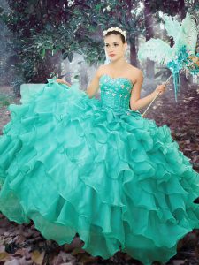 Turquoise Sleeveless Floor Length Beading and Ruffled Layers Lace Up Sweet 16 Quinceanera Dress