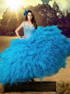 Colorful Straps Baby Blue Tulle Lace Up Quinceanera Dress Sleeveless Floor Length Beading and Ruffles