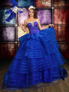 Modern Royal Blue Organza Lace Up Quinceanera Gowns Sleeveless Floor Length Beading and Ruffled Layers