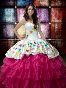 Luxurious Fuchsia Lace Up Quinceanera Dress Embroidery and Ruffled Layers Sleeveless Floor Length