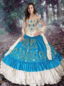 Teal Off The Shoulder Lace Up Embroidery and Ruffled Layers Ball Gown Prom Dress Cap Sleeves