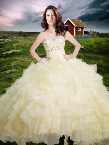 Light Yellow Ball Gowns Beading and Ruffled Layers Quinceanera Gown Lace Up Organza Sleeveless Floor Length