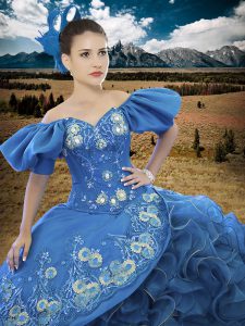Blue 15 Quinceanera Dress Military Ball and Sweet 16 and Quinceanera with Appliques and Ruffles Off The Shoulder Short Sleeves Lace Up