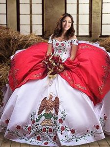 Off the Shoulder White And Red Sleeveless Embroidery and Ruffled Layers Sweet 16 Dress