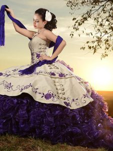 Organza and Taffeta Sweetheart Sleeveless Brush Train Lace Up Embroidery and Ruffles Sweet 16 Dress in White And Purple